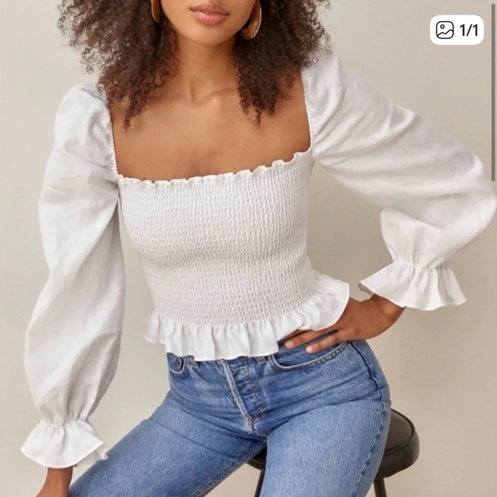 White Smocked Puff Sleeve Top